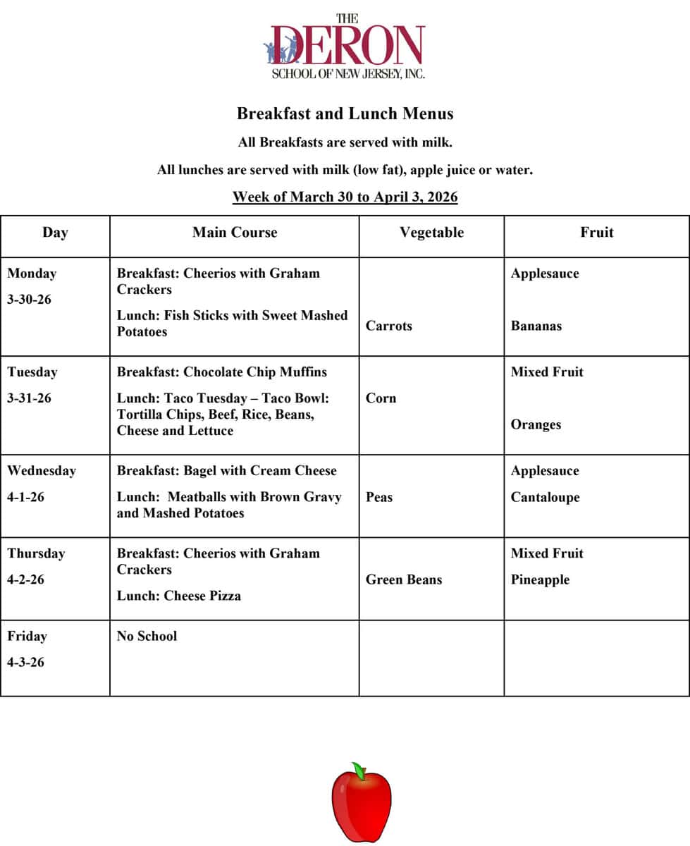 Union Breakfast and Lunch Menus for the week of March 30, 2026