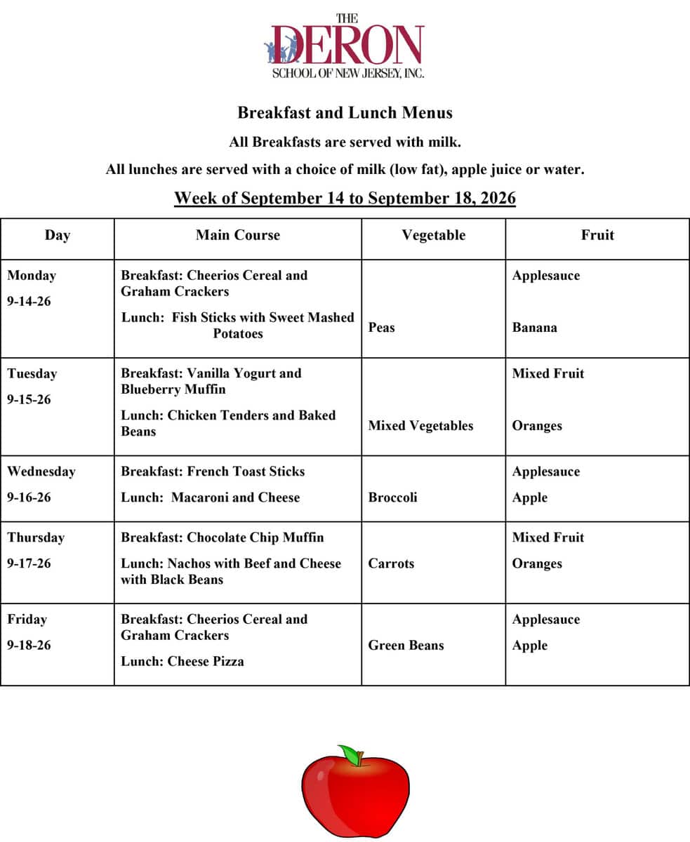 Union Breakfast and Lunch Menus for the week of September 14, 2026