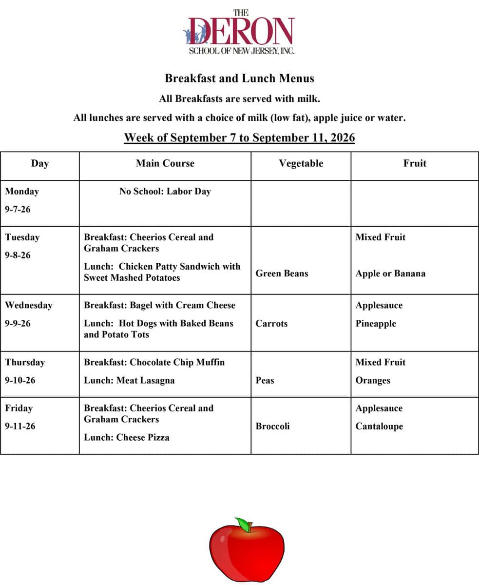Union Breakfast and Lunch Menus for the week of September 7, 2026
