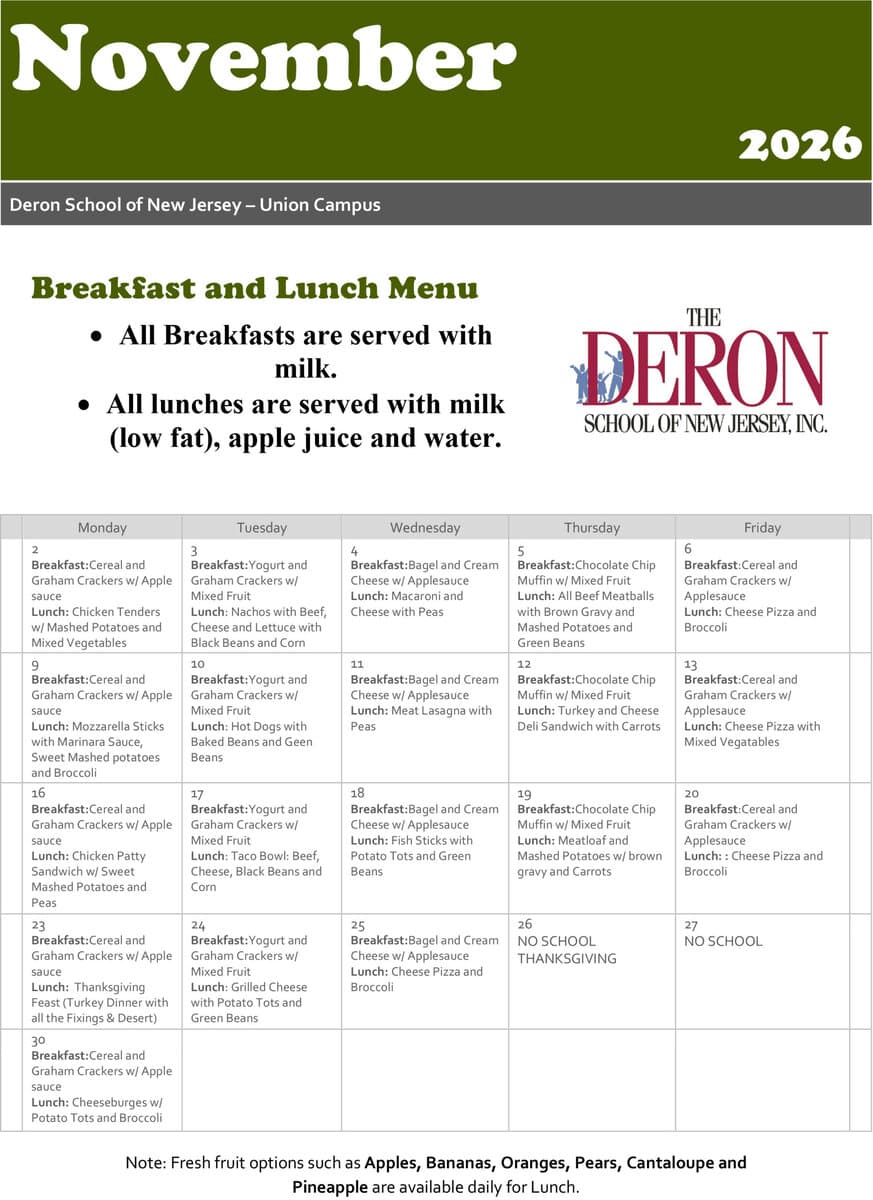 Union Breakfast and Lunch Menus for the month of November 2026